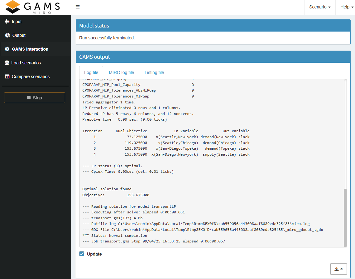 GAMS interaction screen